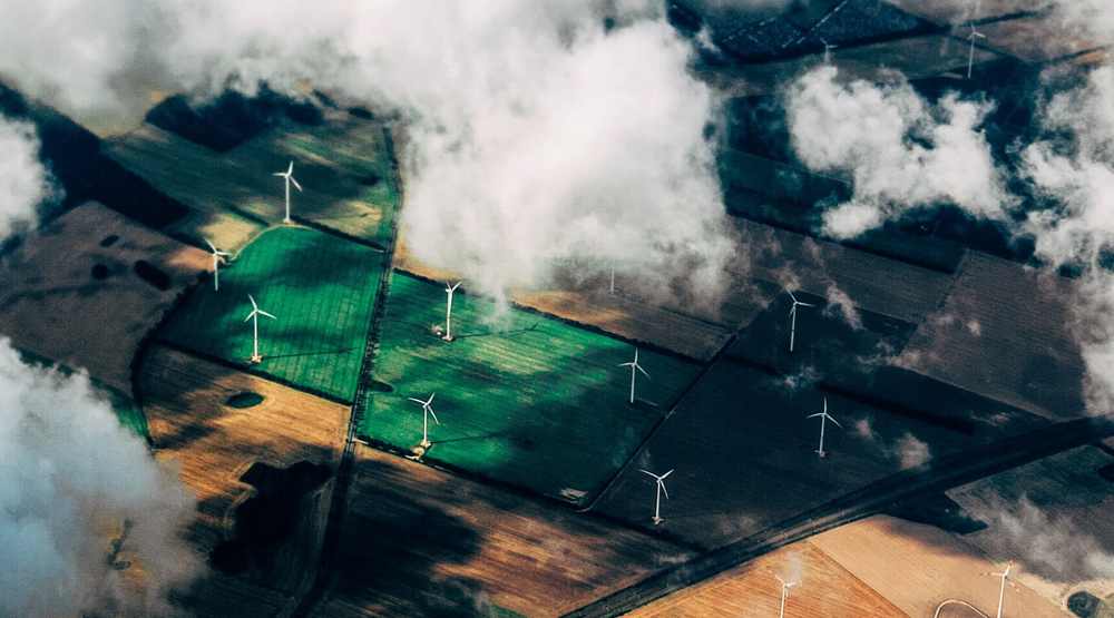 Wind turbines and fields seen from above